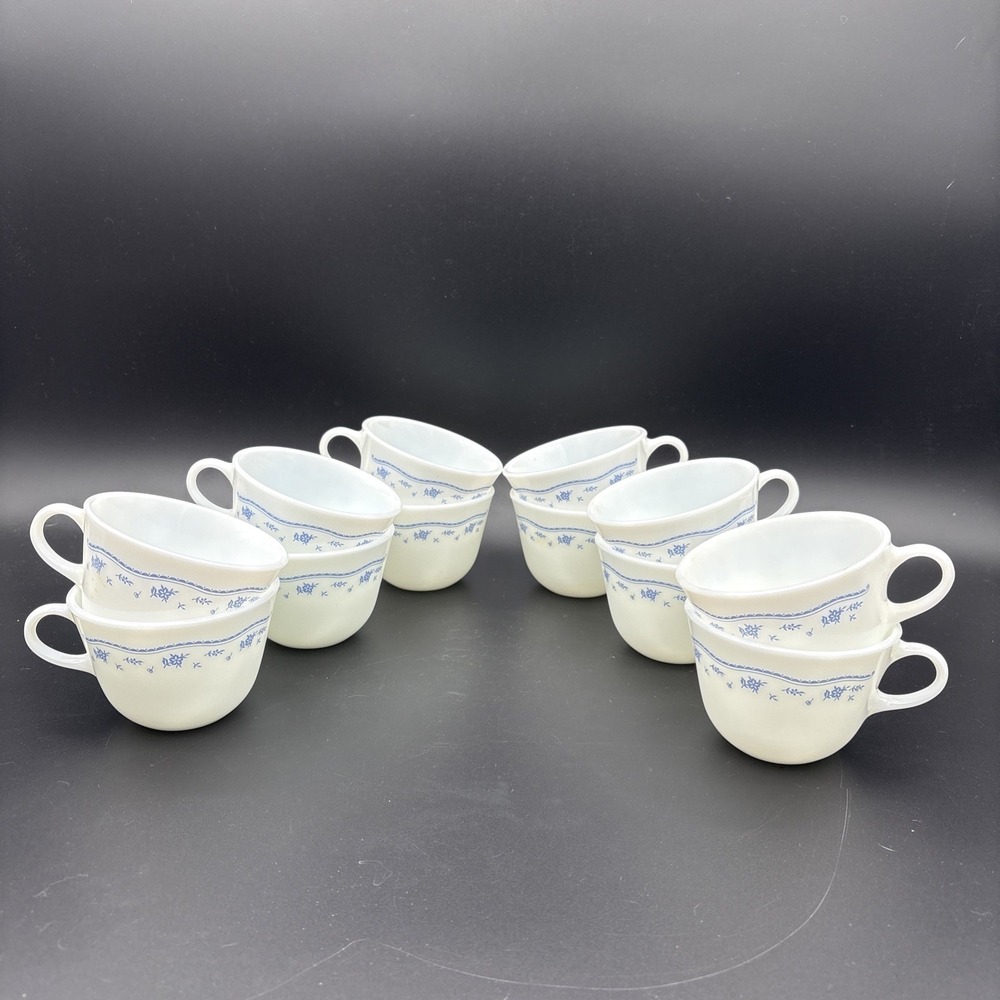 12 Vintage Corning Pyrex Milk Glass Cups - Morning Blue Flowers Tea Coffee Cups